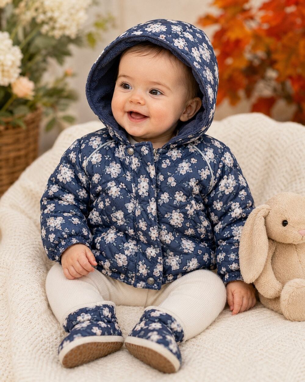 Baby Gap Floral Hooded Puffer Jacket & Matching Booties Set 0-6M